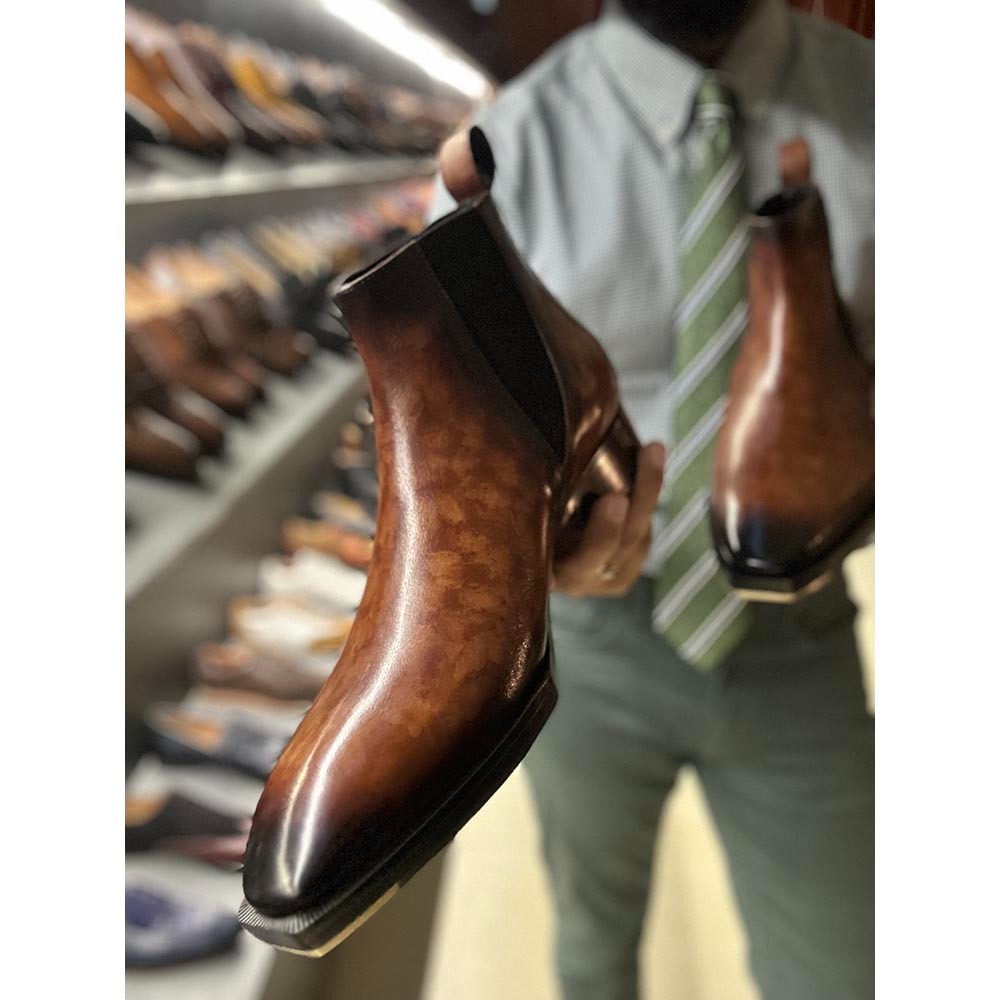 Tan Mirror Glossed Marble Patina Mid Boots + Metal Toe