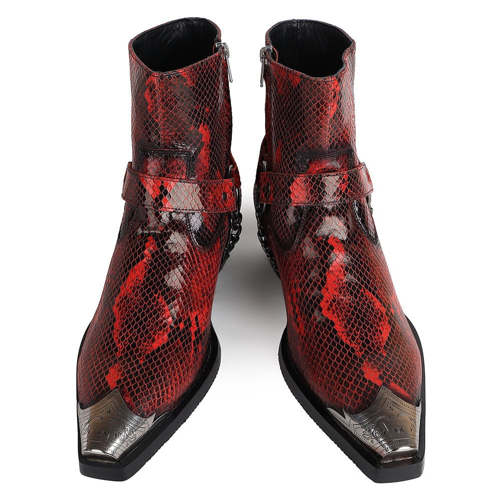 Red Python Foil Cowboy Chain Boots + Silver Detailed Wingcap+ Cuban Heels