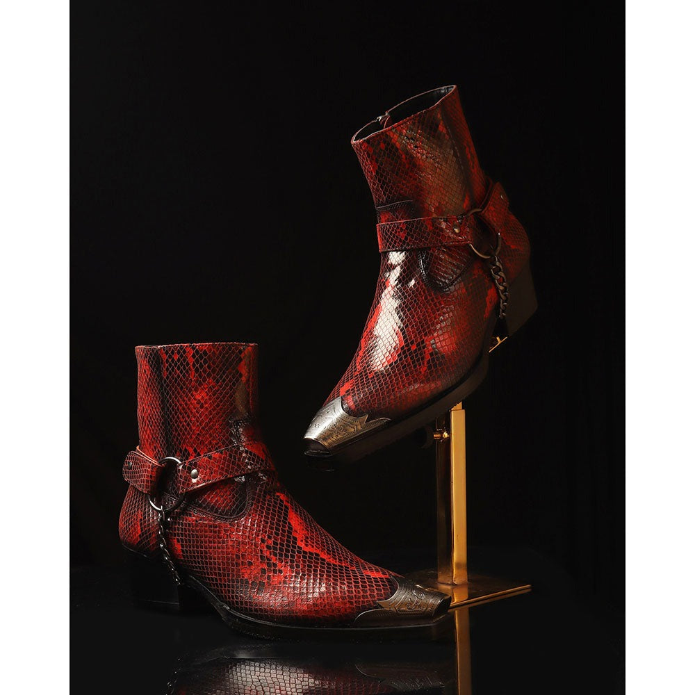 Red Python Foil Cowboy Chain Boots + Silver Detailed Wingcap+ Cuban Heels