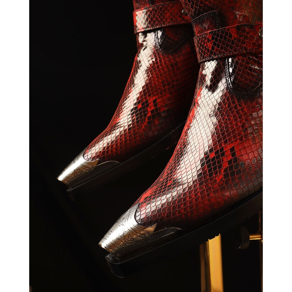Red Python Foil Cowboy Chain Boots + Silver Detailed Wingcap+ Cuban Heels