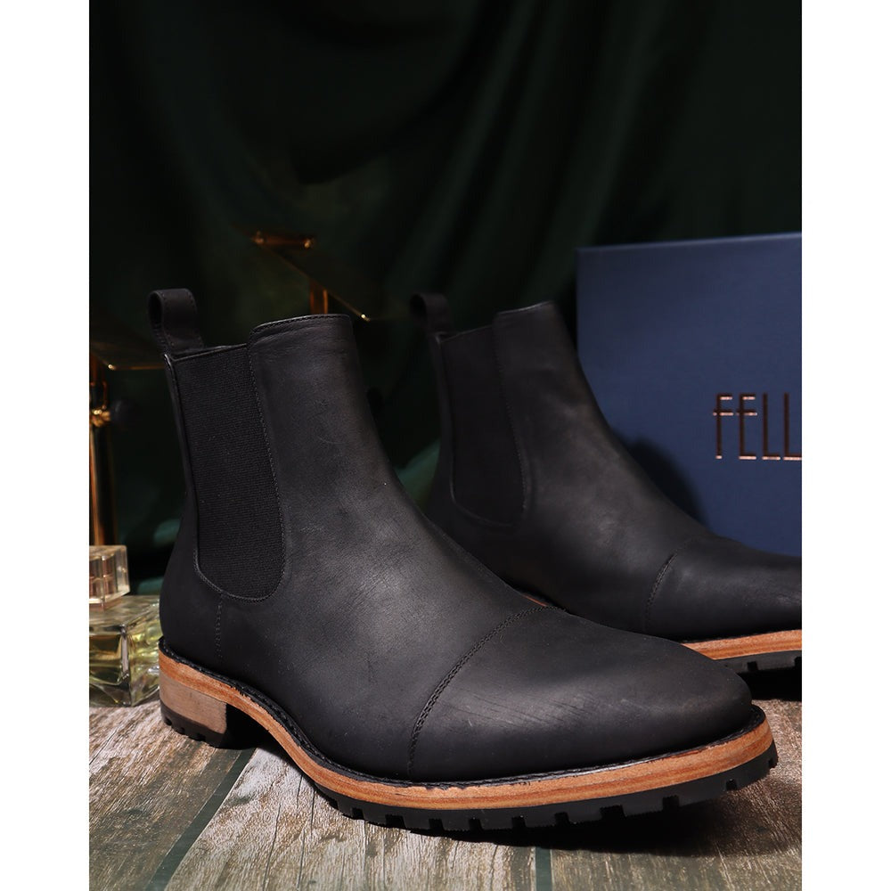 Black Nubuck Captoe Rugged Outdoor Chelsea Boot + Commando Sole