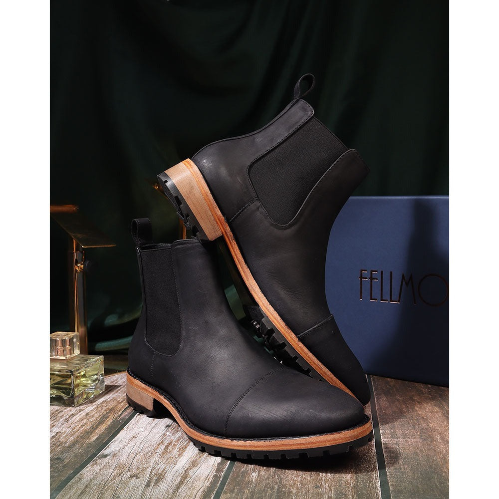 Black Nubuck Captoe Rugged Outdoor Chelsea Boot + Commando Sole
