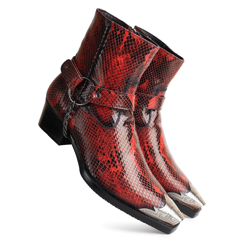 Red Python Foil Cowboy Chain Boots + Silver Detailed Wingcap+ Cuban Heels