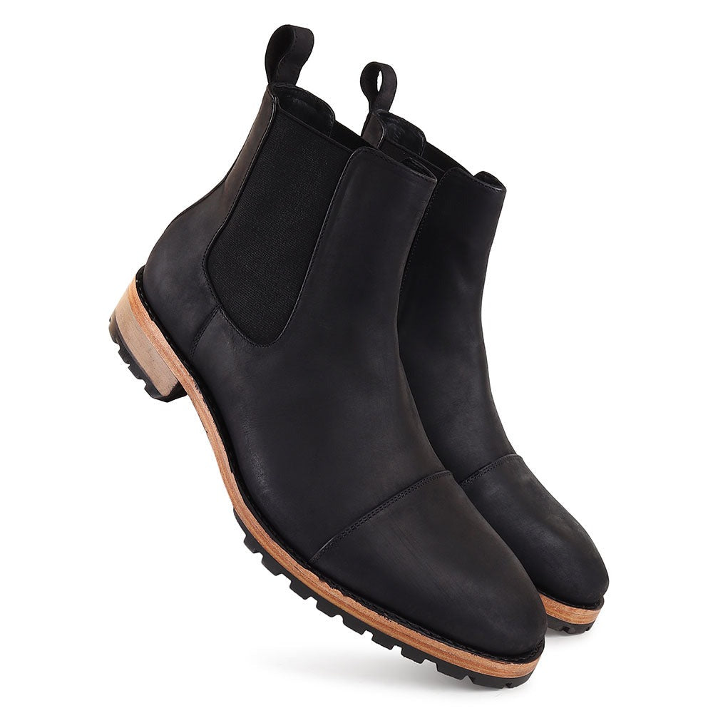 Black Nubuck Captoe Rugged Outdoor Chelsea Boot + Commando Sole