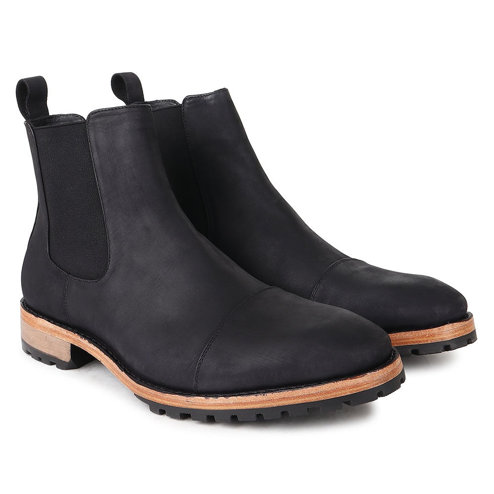Black Nubuck Captoe Rugged Outdoor Chelsea Boot + Commando Sole