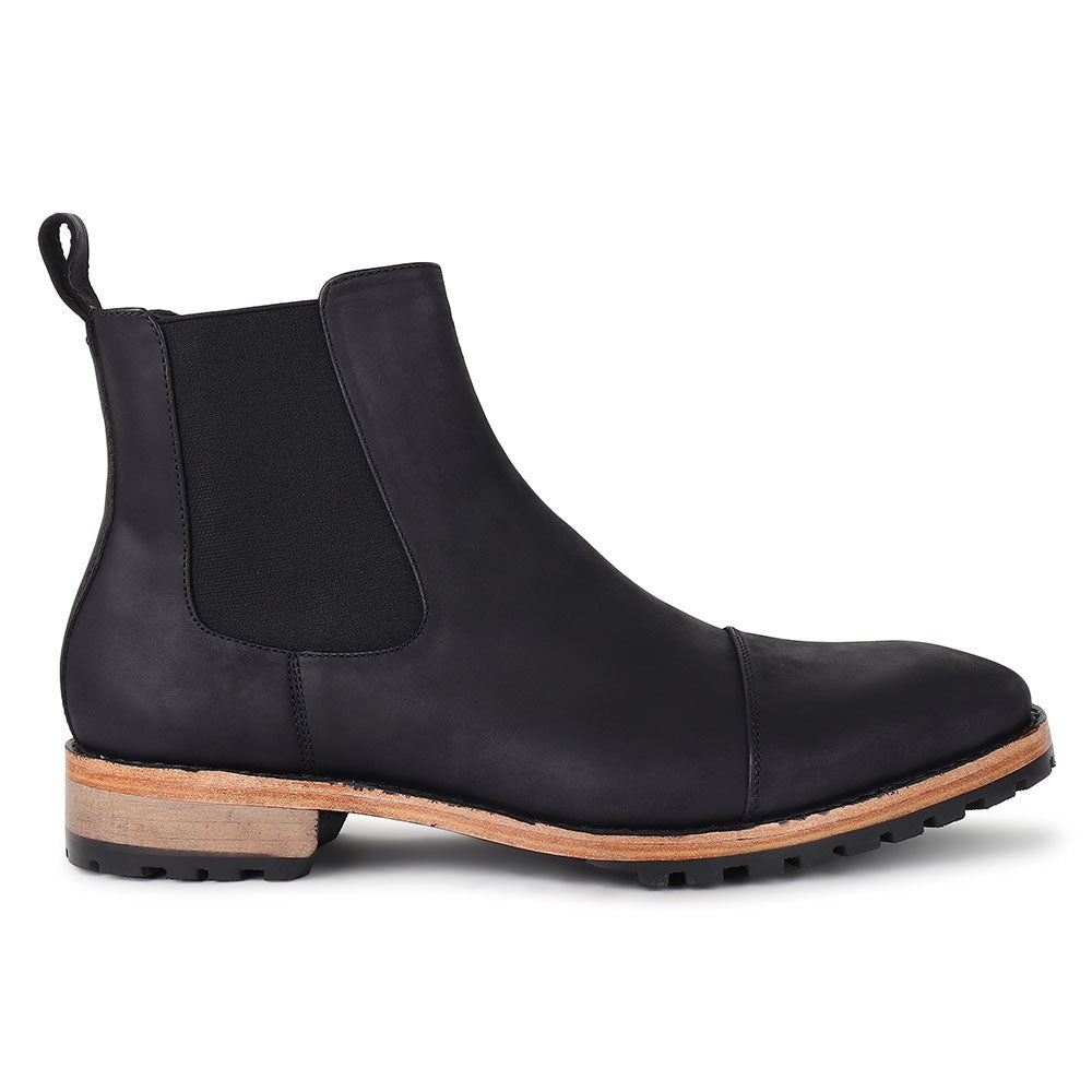Black Nubuck Captoe Rugged Outdoor Chelsea Boot + Commando Sole