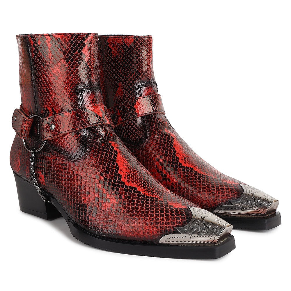 Red Python Foil Cowboy Chain Boots + Silver Detailed Wingcap+ Cuban Heels