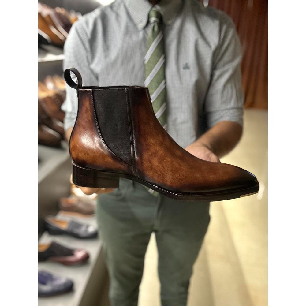 Tan Mirror Glossed Marble Patina Mid Boots + Metal Toe