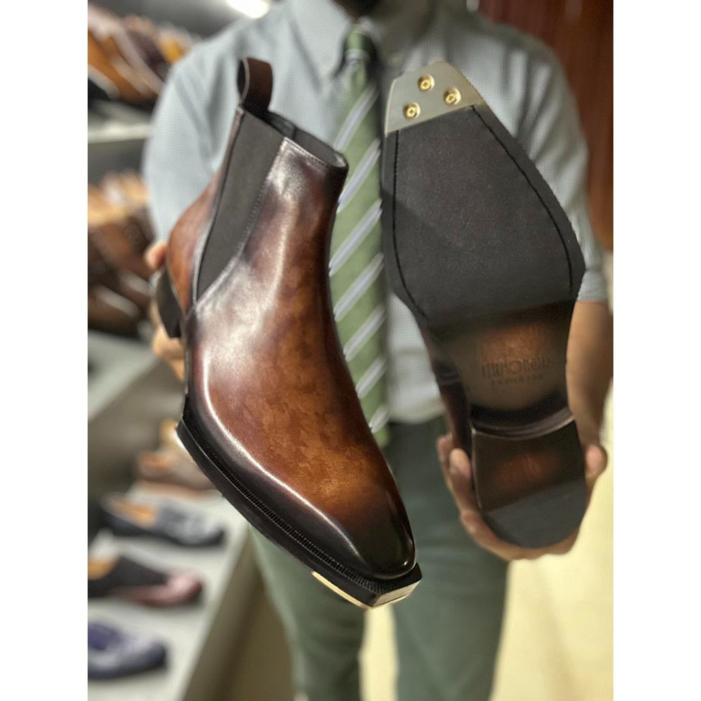 Tan Mirror Glossed Marble Patina Mid Boots + Metal Toe