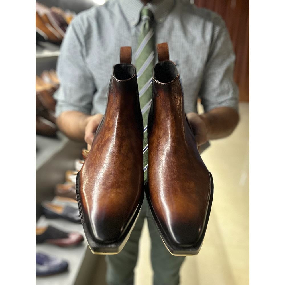 Tan Mirror Glossed Marble Patina Mid Boots + Metal Toe