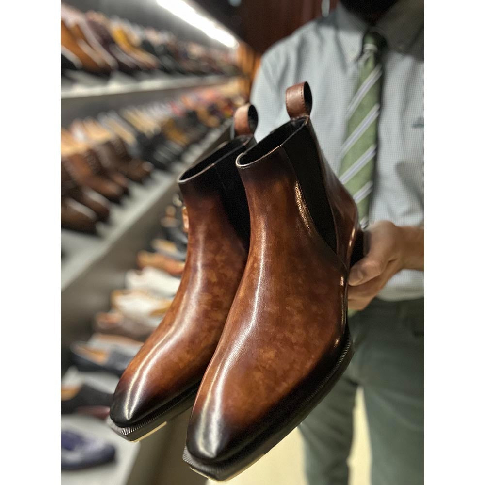 Tan Mirror Glossed Marble Patina Mid Boots + Metal Toe