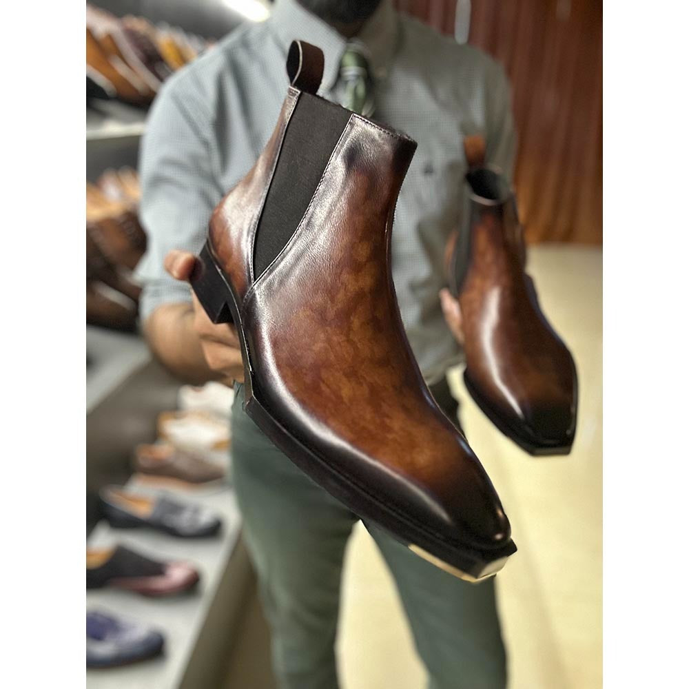 Tan Mirror Glossed Marble Patina Mid Boots + Metal Toe