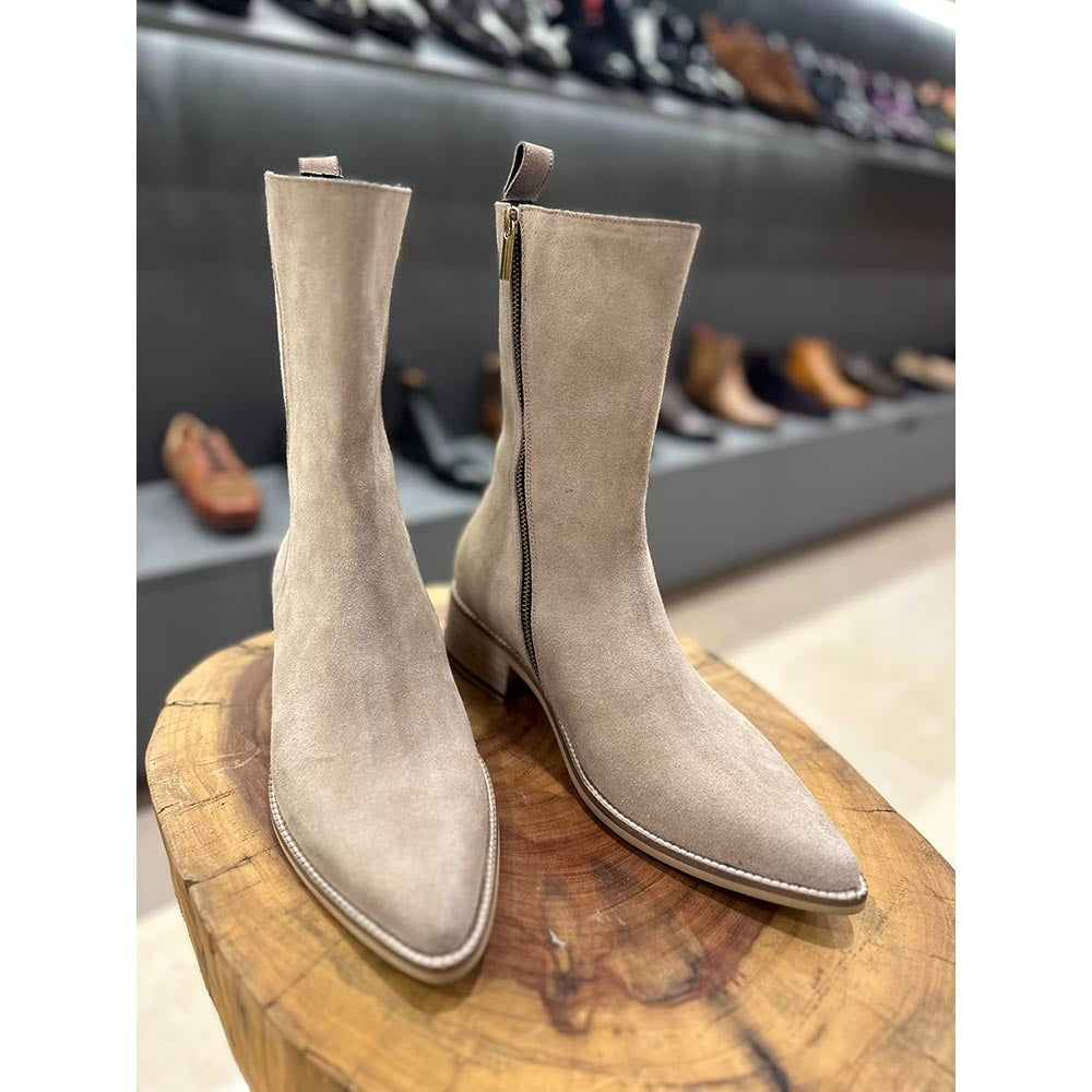 Suede Cowboy Long Zip Boots + Sandstone Finish Sole