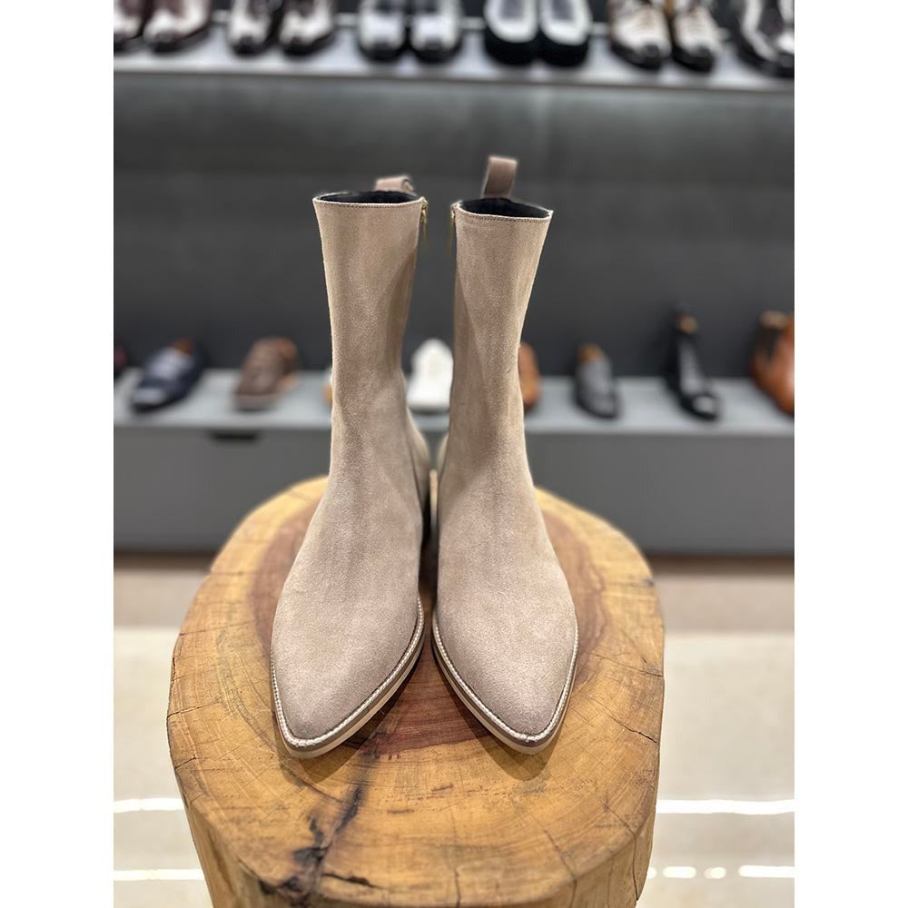 Suede Cowboy Long Zip Boots + Sandstone Finish Sole