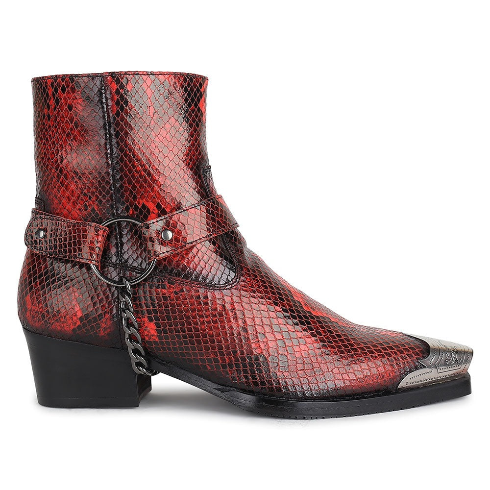 Red Python Foil Cowboy Chain Boots + Silver Detailed Wingcap+ Cuban Heels