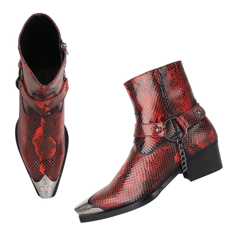 Red Python Foil Cowboy Chain Boots + Silver Detailed Wingcap+ Cuban Heels